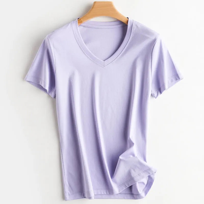 IMIEMIE Summer 100% Mercerized Cotton Women Silk T-shirts O Neck Short Sleeve Loose Straight Tops Simple Casual Tees For Minimalist 2024