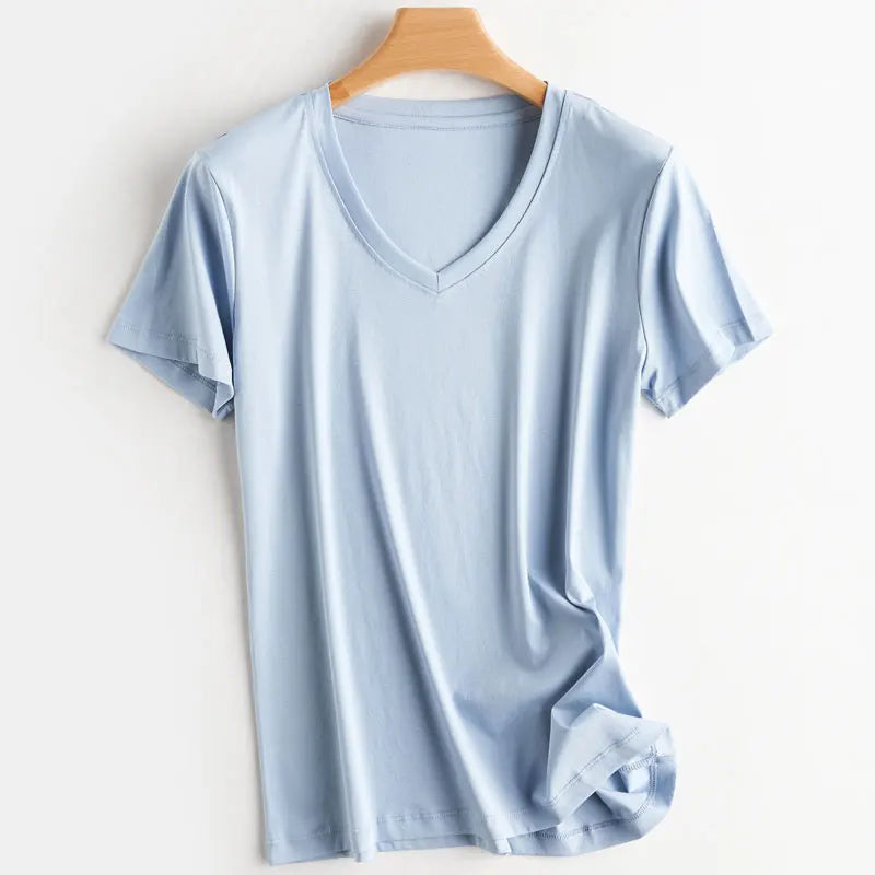 IMIEMIE Summer 100% Mercerized Cotton Women Silk T-shirts O Neck Short Sleeve Loose Straight Tops Simple Casual Tees For Minimalist 2024