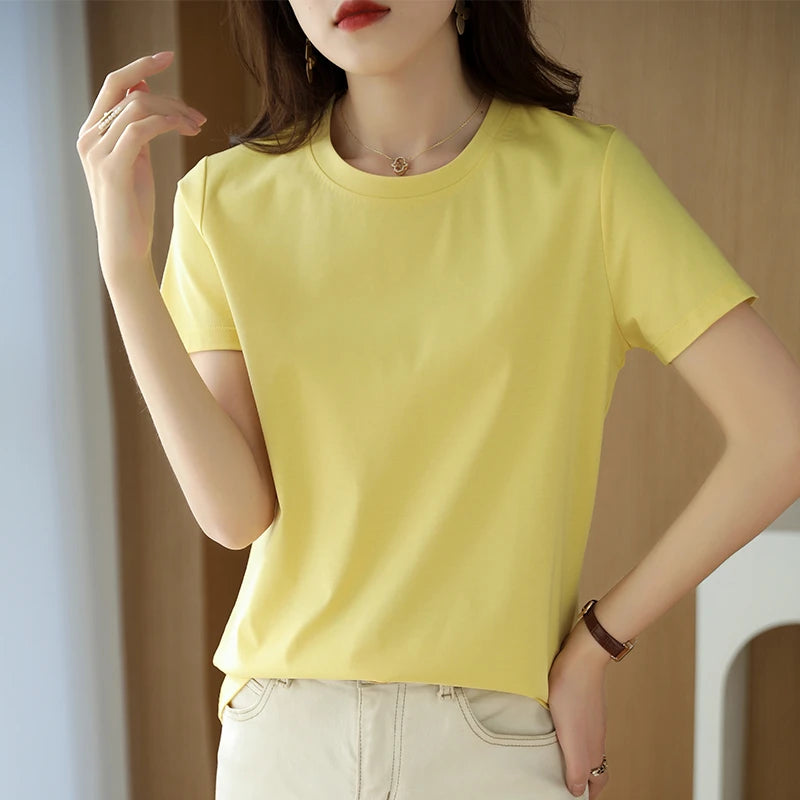 IMIEMIE Summer 100% Mercerized Cotton Women Silk T-shirts O Neck Short Sleeve Loose Straight Tops Simple Casual Tees For Minimalist 2024