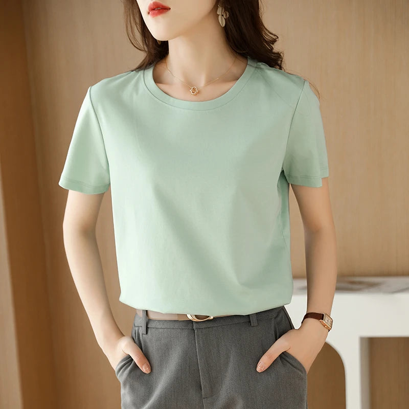 IMIEMIE Summer 100% Mercerized Cotton Women Silk T-shirts O Neck Short Sleeve Loose Straight Tops Simple Casual Tees For Minimalist 2024