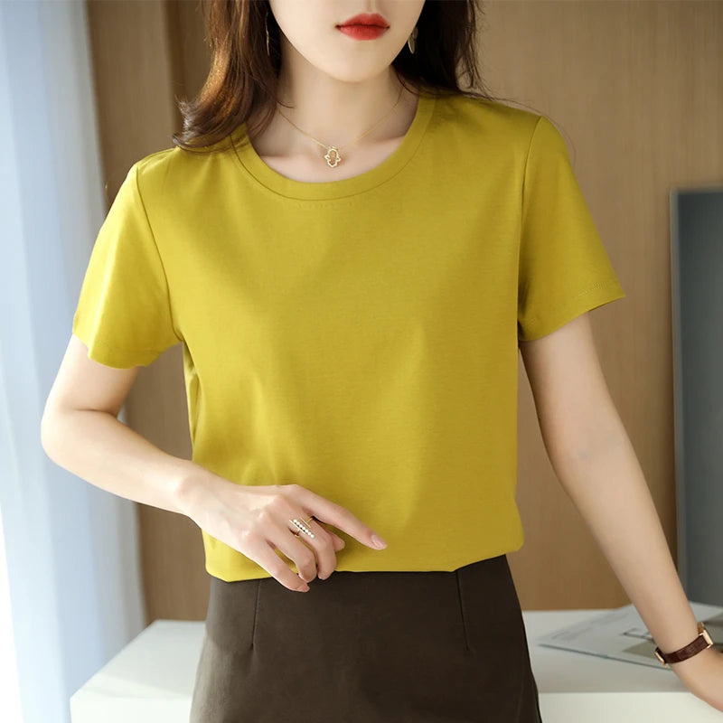 IMIEMIE Summer 100% Mercerized Cotton Women Silk T-shirts O Neck Short Sleeve Loose Straight Tops Simple Casual Tees For Minimalist 2024