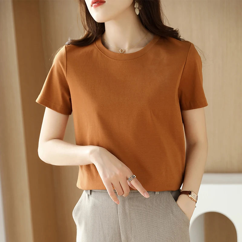 IMIEMIE Summer 100% Mercerized Cotton Women Silk T-shirts O Neck Short Sleeve Loose Straight Tops Simple Casual Tees For Minimalist 2024