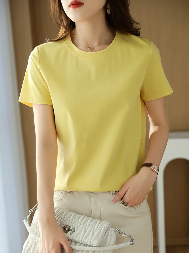 IMIEMIE Summer 100% Mercerized Cotton Women Silk T-shirts O Neck Short Sleeve Loose Straight Tops Simple Casual Tees For Minimalist 2024