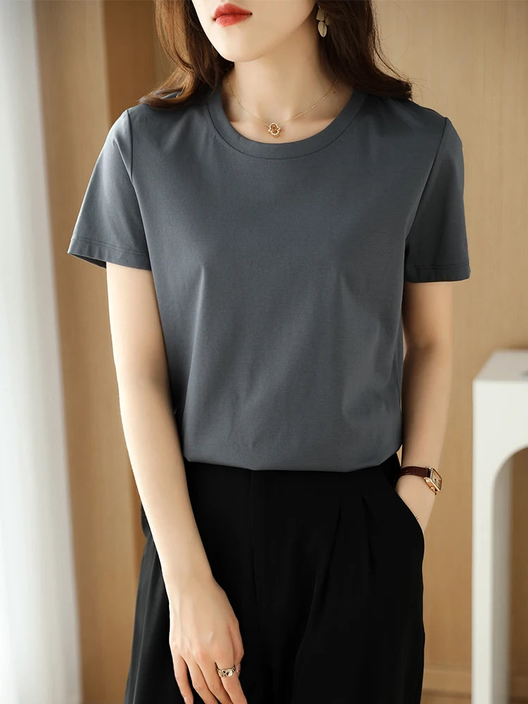 IMIEMIE Summer 100% Mercerized Cotton Women Silk T-shirts O Neck Short Sleeve Loose Straight Tops Simple Casual Tees For Minimalist 2024