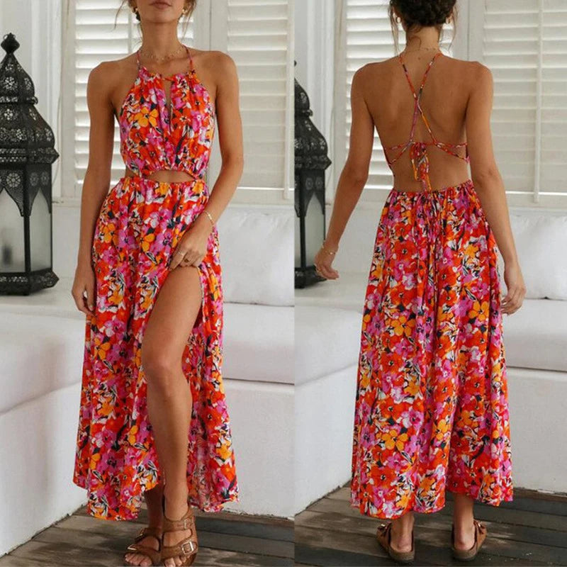 IMIEMIE Summer 2024 European And American Women's Halter Red Print Sexy Halter Waist Swing Beach Dress