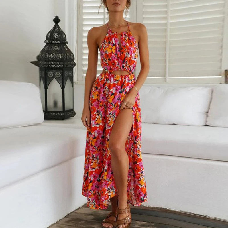 IMIEMIE Summer 2024 European And American Women's Halter Red Print Sexy Halter Waist Swing Beach Dress