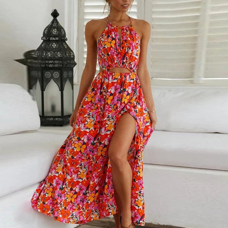 IMIEMIE Summer 2024 European And American Women's Halter Red Print Sexy Halter Waist Swing Beach Dress