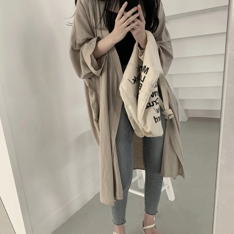 IMIEMIE Summer Autumn Women Cardigan Trench Simple Solid Long Sleeve Loose Fit Bottom Split Summer Long Sunscreen Jacket Coat