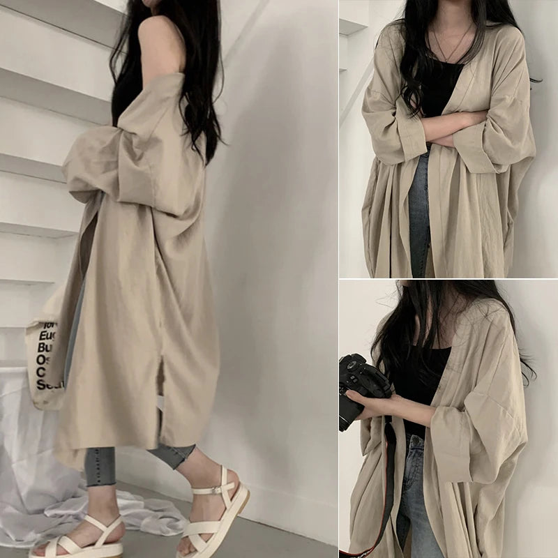 IMIEMIE Summer Autumn Women Cardigan Trench Simple Solid Long Sleeve Loose Fit Bottom Split Summer Long Sunscreen Jacket Coat