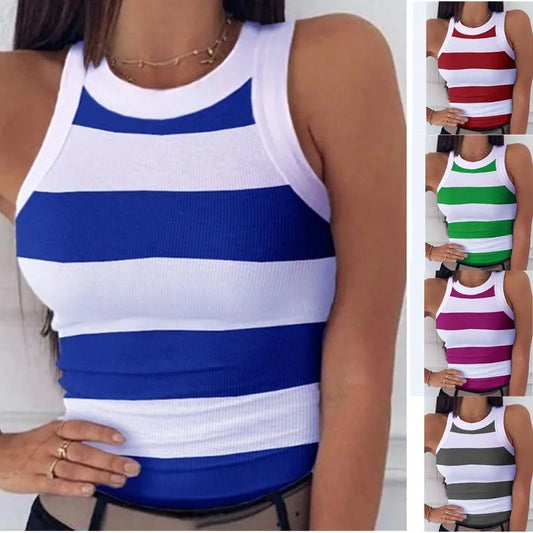 IMIEMIE Summer Basic Elastic Tank Top Digital Printing T-shirt Women's O Neck Racerback Sexy Tank Top Stripe Print Sleeveless Tank Top