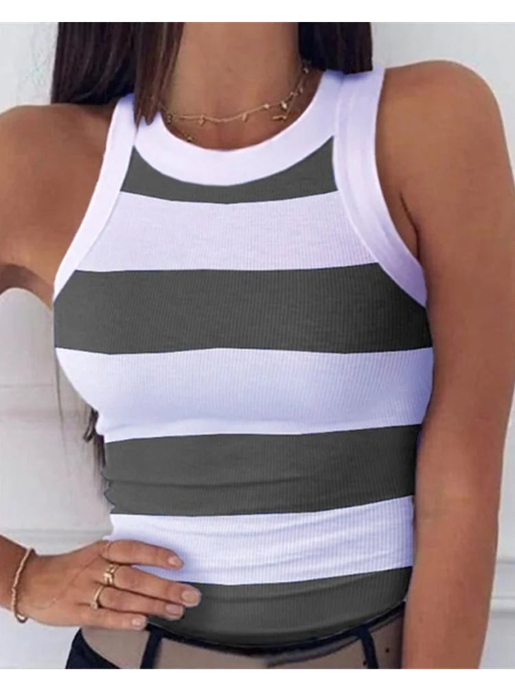 IMIEMIE Summer Basic Elastic Tank Top Digital Printing T-shirt Women's O Neck Racerback Sexy Tank Top Stripe Print Sleeveless Tank Top