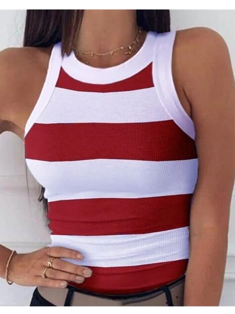 IMIEMIE Summer Basic Elastic Tank Top Digital Printing T-shirt Women's O Neck Racerback Sexy Tank Top Stripe Print Sleeveless Tank Top