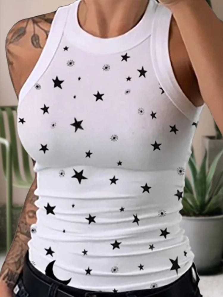 IMIEMIE Summer Basic Elastic Tank Top Digital Printing T-shirt Women's O Neck Racerback Sexy Tank Top Stripe Print Sleeveless Tank Top