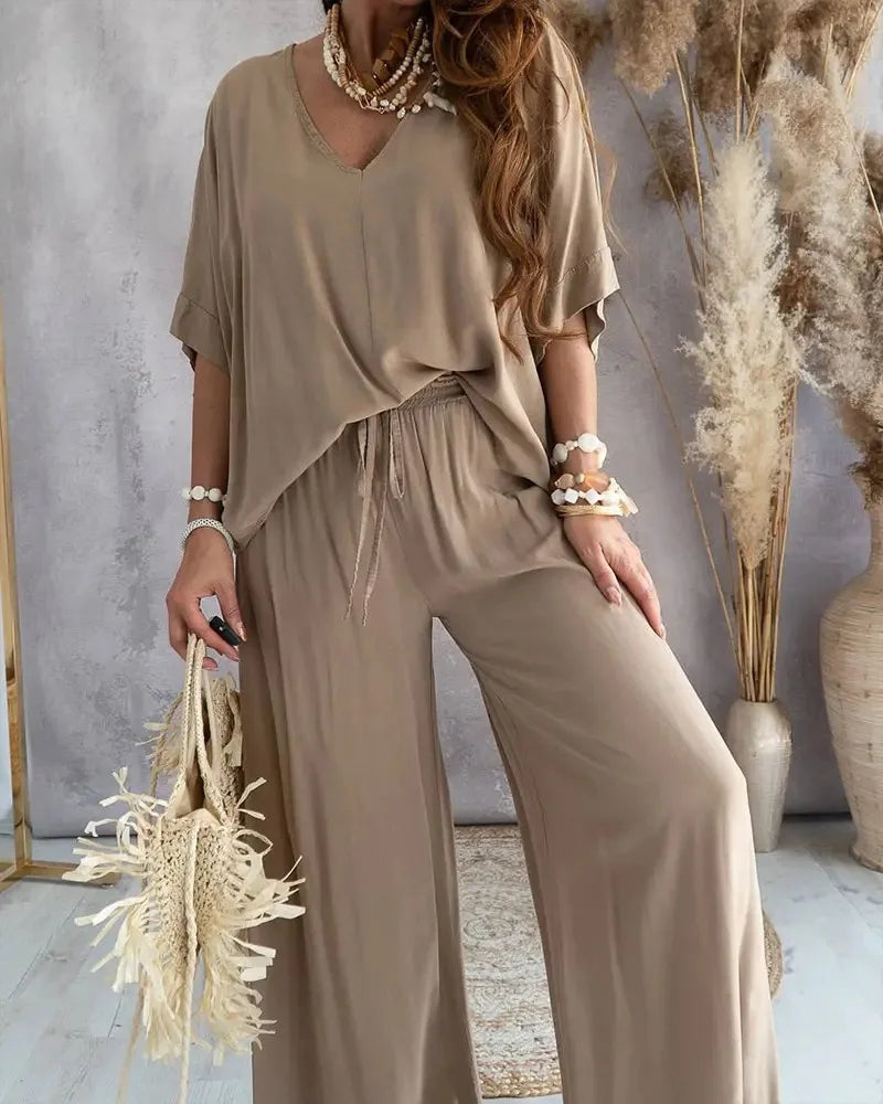 IMIEMIE Summer Casual Loose Two Piece Set Women Fashion V-neck Pants Sets Women Elegant Batwing Sleeve Homewear Outfits 2 Piece Sets