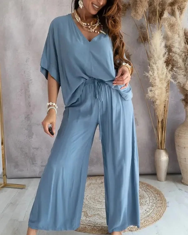 IMIEMIE Summer Casual Loose Two Piece Set Women Fashion V-neck Pants Sets Women Elegant Batwing Sleeve Homewear Outfits 2 Piece Sets