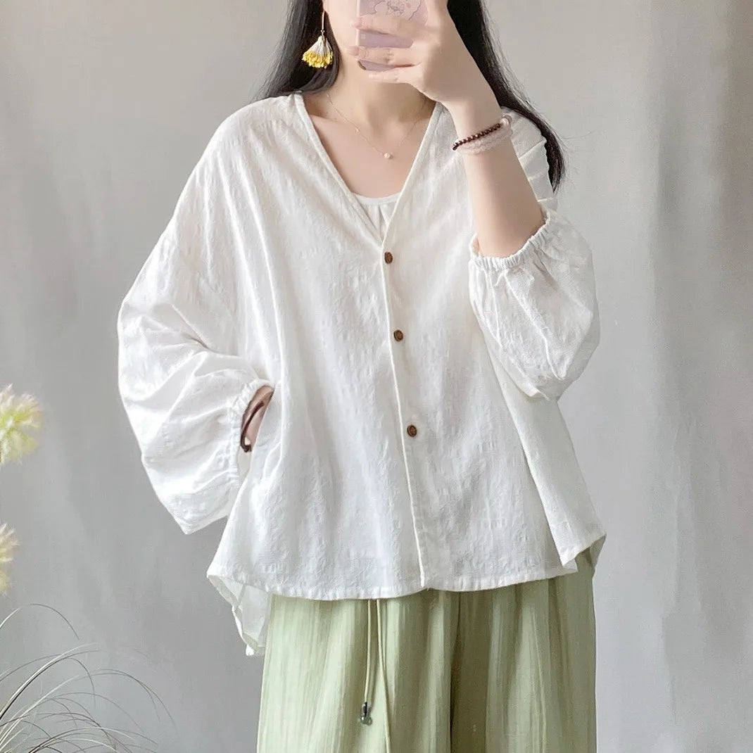 IMIEMIE Summer Cotton Linen Jacquard Cardigan Protection Women's Outerwear Artistic Loose Fit Slim Bat Sleeves Long Sleeveair Shirt