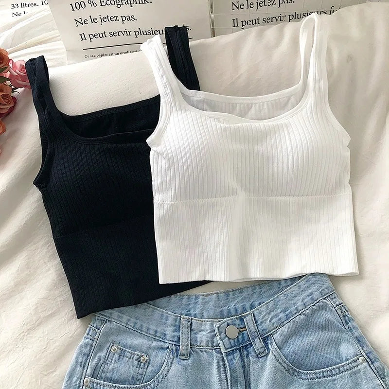 IMIEMIE Summer Crop Top Women Seamless Square Collar Wide Straps Tank Top Knitted Striped Camisole Solid Corset Top Female