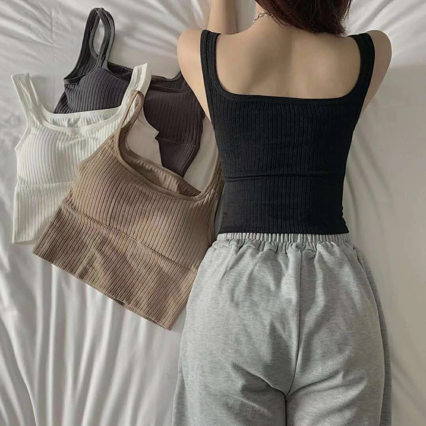 IMIEMIE Summer Crop Top Women Seamless Square Collar Wide Straps Tank Top Knitted Striped Camisole Solid Corset Top Female