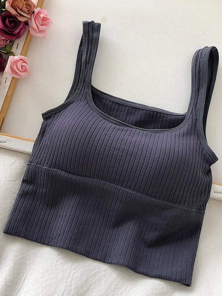 IMIEMIE Summer Crop Top Women Seamless Square Collar Wide Straps Tank Top Knitted Striped Camisole Solid Corset Top Female