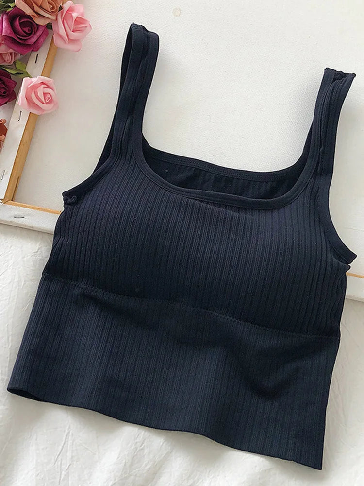 IMIEMIE Summer Crop Top Women Seamless Square Collar Wide Straps Tank Top Knitted Striped Camisole Solid Corset Top Female