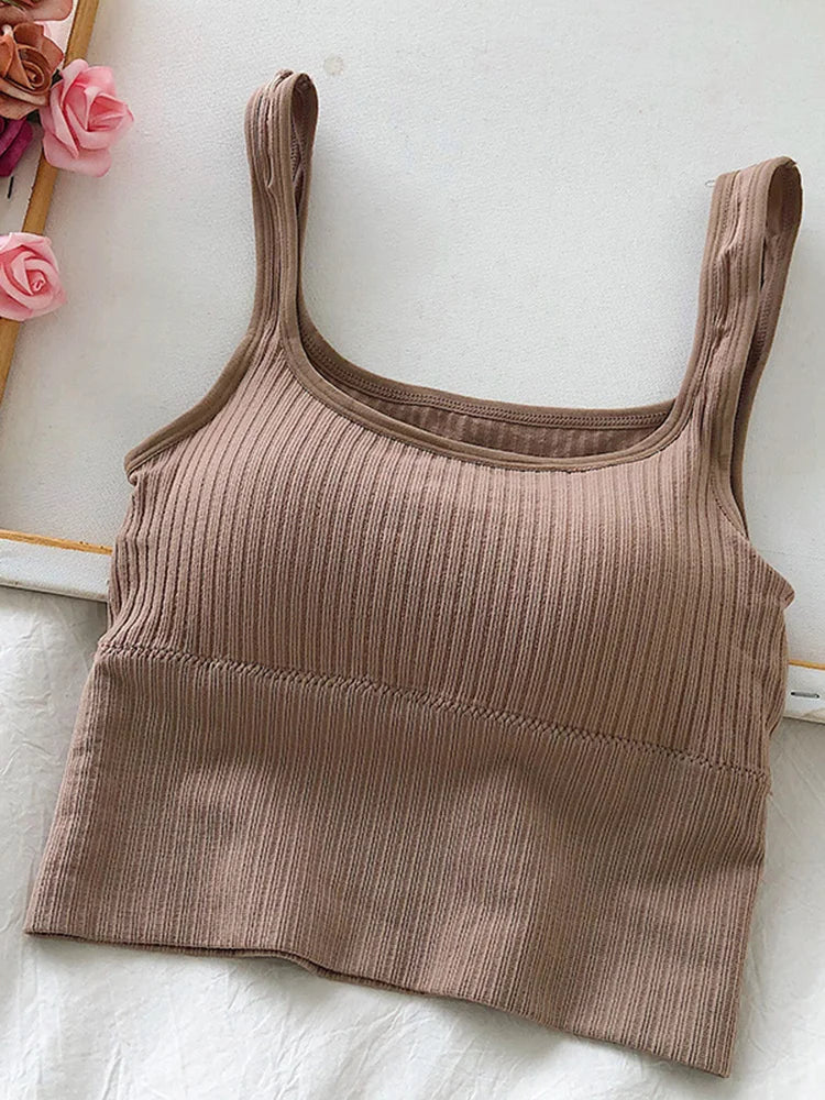 IMIEMIE Summer Crop Top Women Seamless Square Collar Wide Straps Tank Top Knitted Striped Camisole Solid Corset Top Female