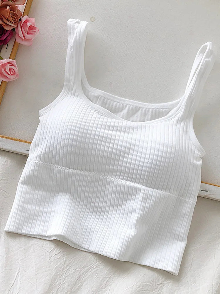 IMIEMIE Summer Crop Top Women Seamless Square Collar Wide Straps Tank Top Knitted Striped Camisole Solid Corset Top Female