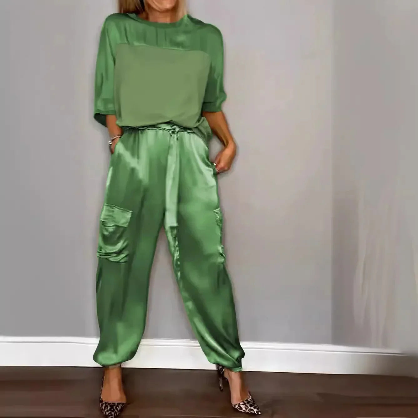 IMIEMIE Summer Fashion Solid Satin Two Piece Set Women Round Neck Long Sleeved Top Long Pants Casual Loose Two Piece Set Women