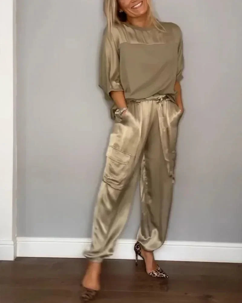 IMIEMIE Summer Fashion Solid Satin Two Piece Set Women Round Neck Long Sleeved Top Long Pants Casual Loose Two Piece Set Women