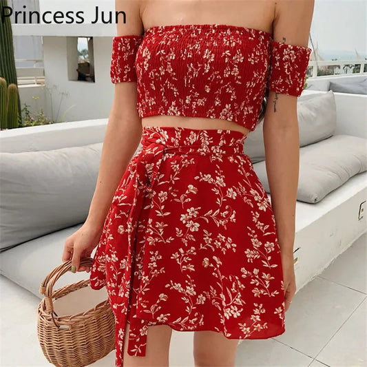 IMIEMIE Summer Floral 2 Piece Sets Outfits Sexy Slash Neck Off Shoulder Shirt Crop Top&High Waist Mini Skirt Small Girl 2pc Dress Suits