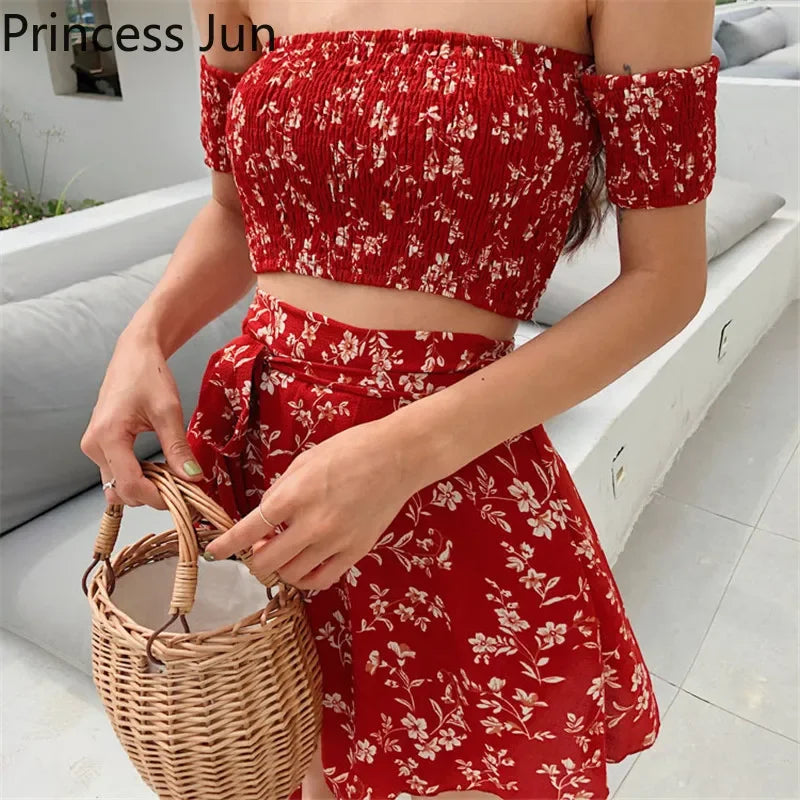 IMIEMIE Summer Floral 2 Piece Sets Outfits Sexy Slash Neck Off Shoulder Shirt Crop Top&High Waist Mini Skirt Small Girl 2pc Dress Suits