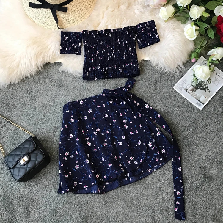 IMIEMIE Summer Floral 2 Piece Sets Outfits Sexy Slash Neck Off Shoulder Shirt Crop Top&High Waist Mini Skirt Small Girl 2pc Dress Suits