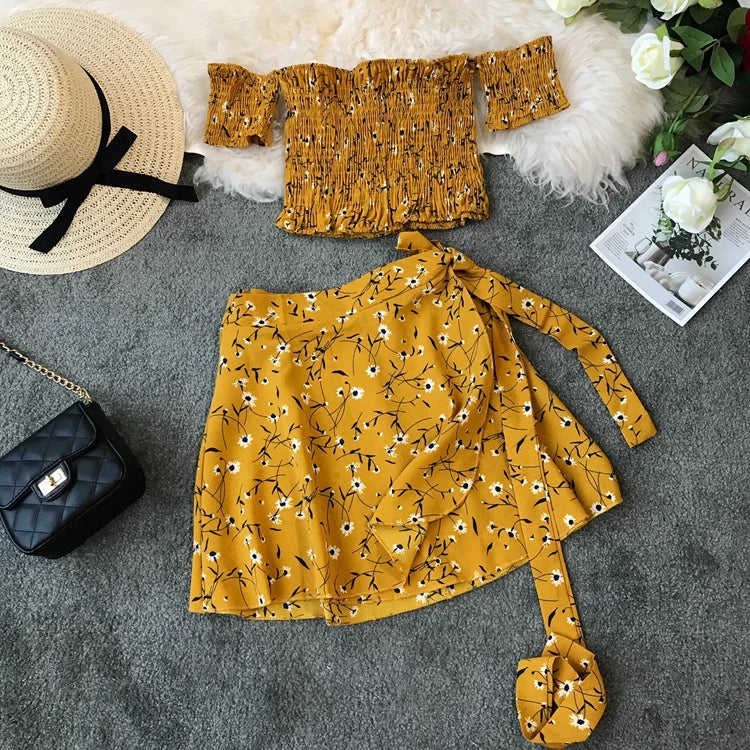 IMIEMIE Summer Floral 2 Piece Sets Outfits Sexy Slash Neck Off Shoulder Shirt Crop Top&High Waist Mini Skirt Small Girl 2pc Dress Suits