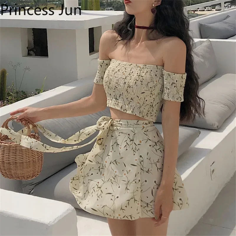 IMIEMIE Summer Floral 2 Piece Sets Outfits Sexy Slash Neck Off Shoulder Shirt Crop Top&High Waist Mini Skirt Small Girl 2pc Dress Suits