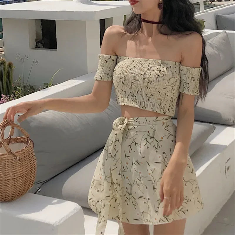 IMIEMIE Summer Floral 2 Piece Sets Outfits Sexy Slash Neck Off Shoulder Shirt Crop Top&High Waist Mini Skirt Small Girl 2pc Dress Suits