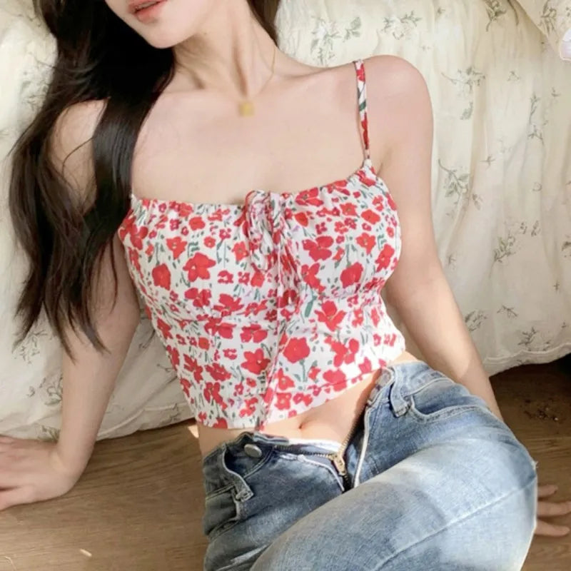 IMIEMIE Summer Floral Print Tank Top for Women Crop Tops Flower Print Bandage Slim Short Tops