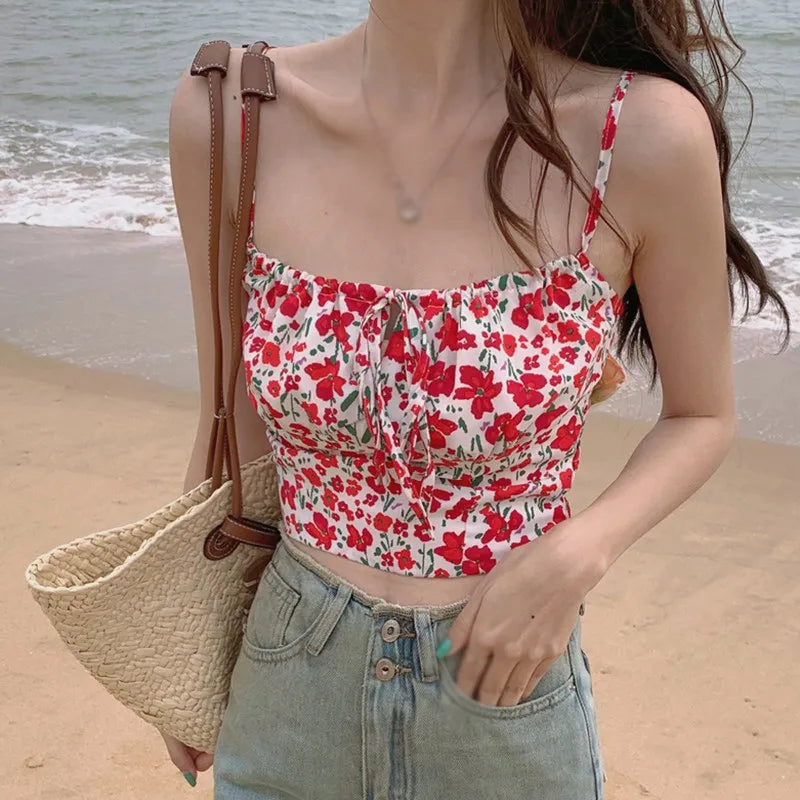 IMIEMIE Summer Floral Print Tank Top for Women Crop Tops Flower Print Bandage Slim Short Tops