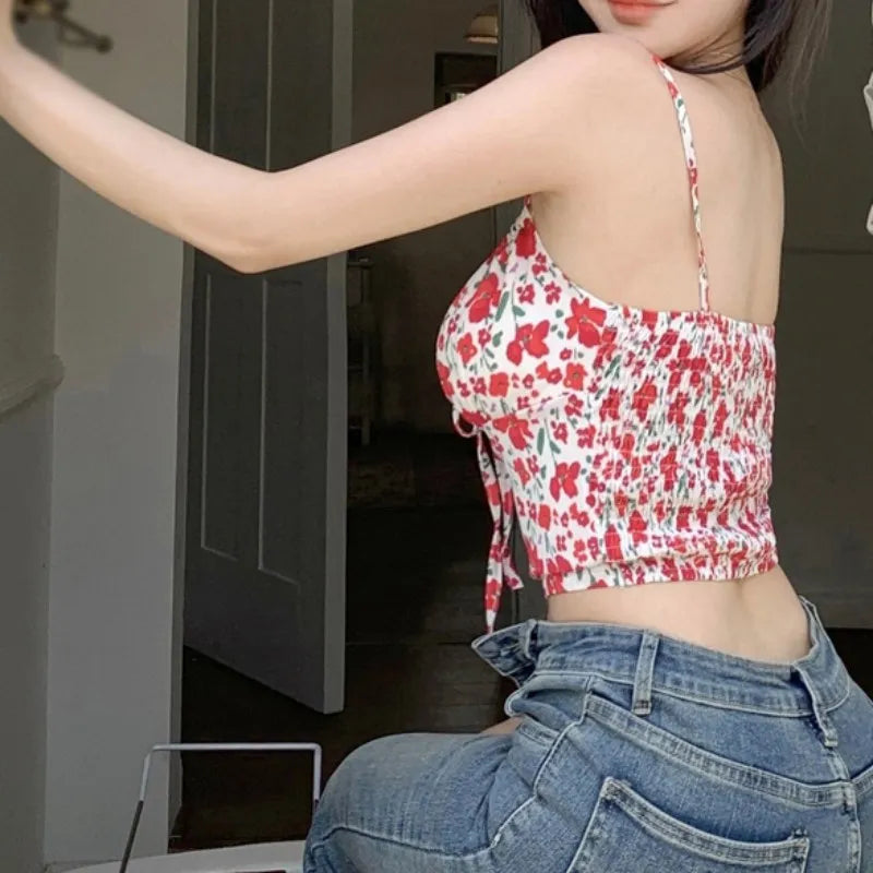 IMIEMIE Summer Floral Print Tank Top for Women Crop Tops Flower Print Bandage Slim Short Tops