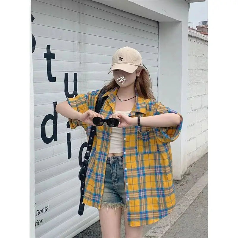 IMIEMIE Summer Hot Polo_Neck Plaid Short Sleeved Shirt for Women's Loose Slimming Medium Length Fashion Versatile Retro Sweet Coat Top