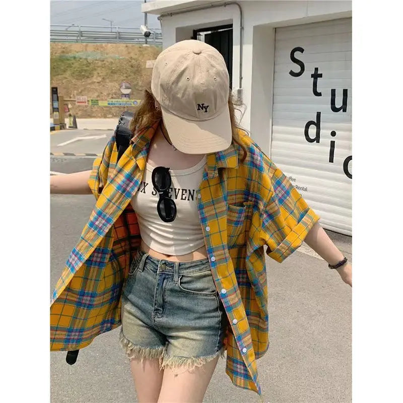 IMIEMIE Summer Hot Polo_Neck Plaid Short Sleeved Shirt for Women's Loose Slimming Medium Length Fashion Versatile Retro Sweet Coat Top