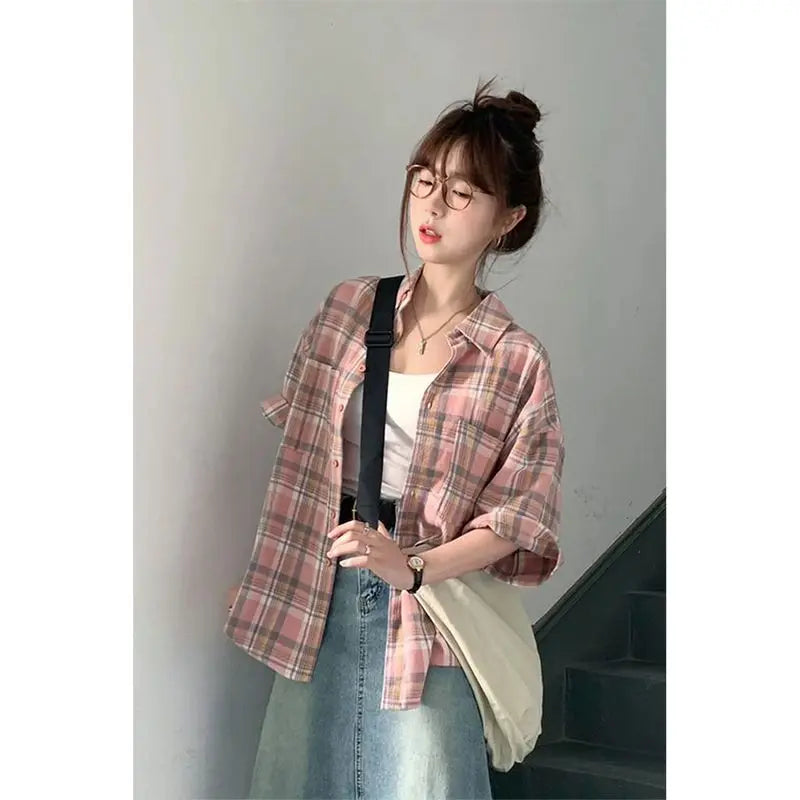 IMIEMIE Summer Hot Polo_Neck Plaid Short Sleeved Shirt for Women's Loose Slimming Medium Length Fashion Versatile Retro Sweet Coat Top