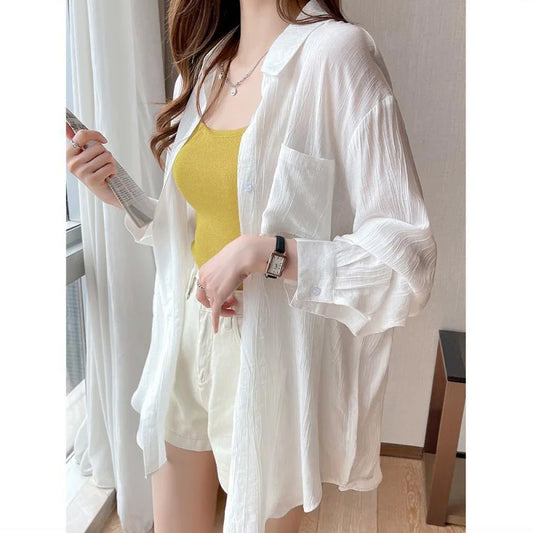 IMIEMIE Summer Ladies Ice Silk Sunscreen Long Sleeve Shirt New Super Fairy Air Conditioned Clothing Cardigan Thin Casual Shirt Jacket