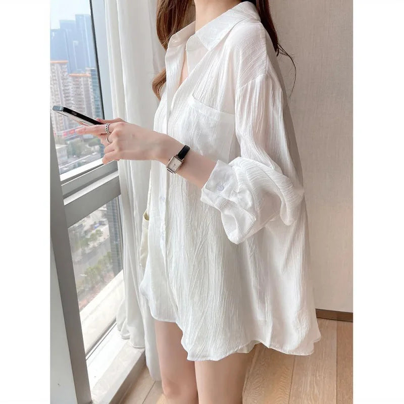 IMIEMIE Summer Ladies Ice Silk Sunscreen Long Sleeve Shirt New Super Fairy Air Conditioned Clothing Cardigan Thin Casual Shirt Jacket