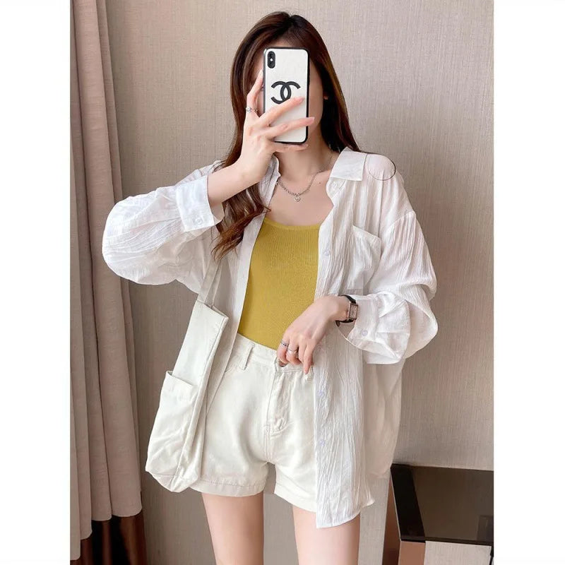 IMIEMIE Summer Ladies Ice Silk Sunscreen Long Sleeve Shirt New Super Fairy Air Conditioned Clothing Cardigan Thin Casual Shirt Jacket