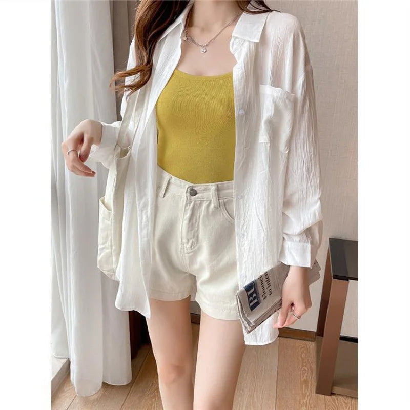 IMIEMIE Summer Ladies Ice Silk Sunscreen Long Sleeve Shirt New Super Fairy Air Conditioned Clothing Cardigan Thin Casual Shirt Jacket