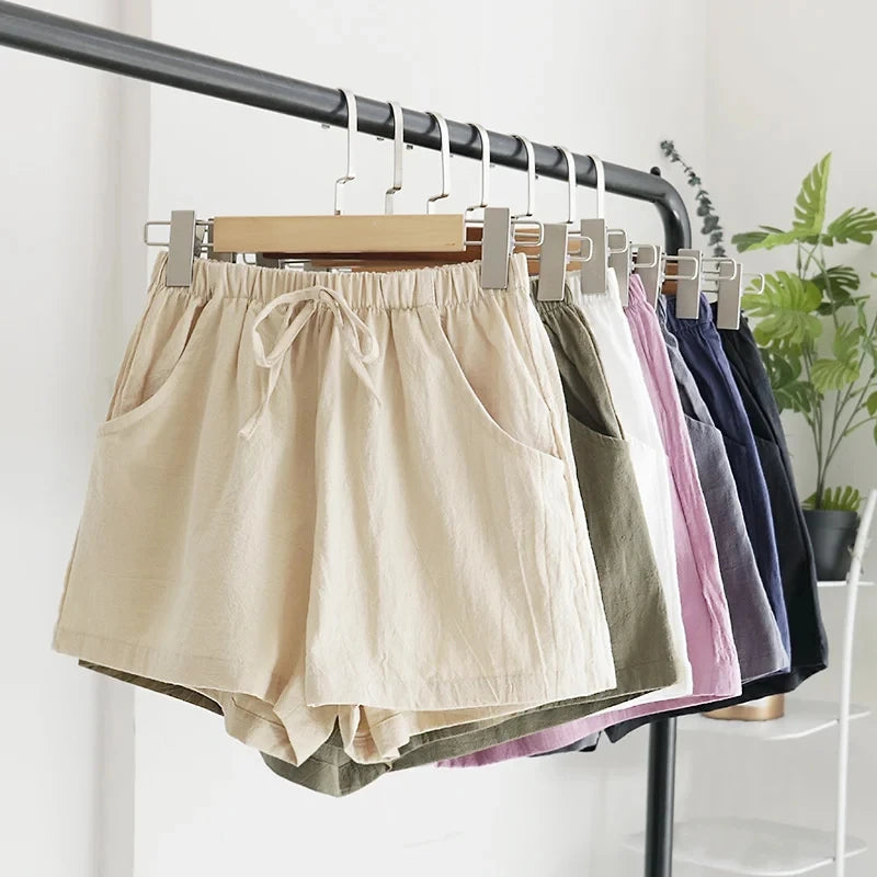 IMIEMIE Summer Linen Pants Loose Women's High Waisted Shorts Sports Fashion Cotton Linen Shorts Solid S-XL Casual Short Pants