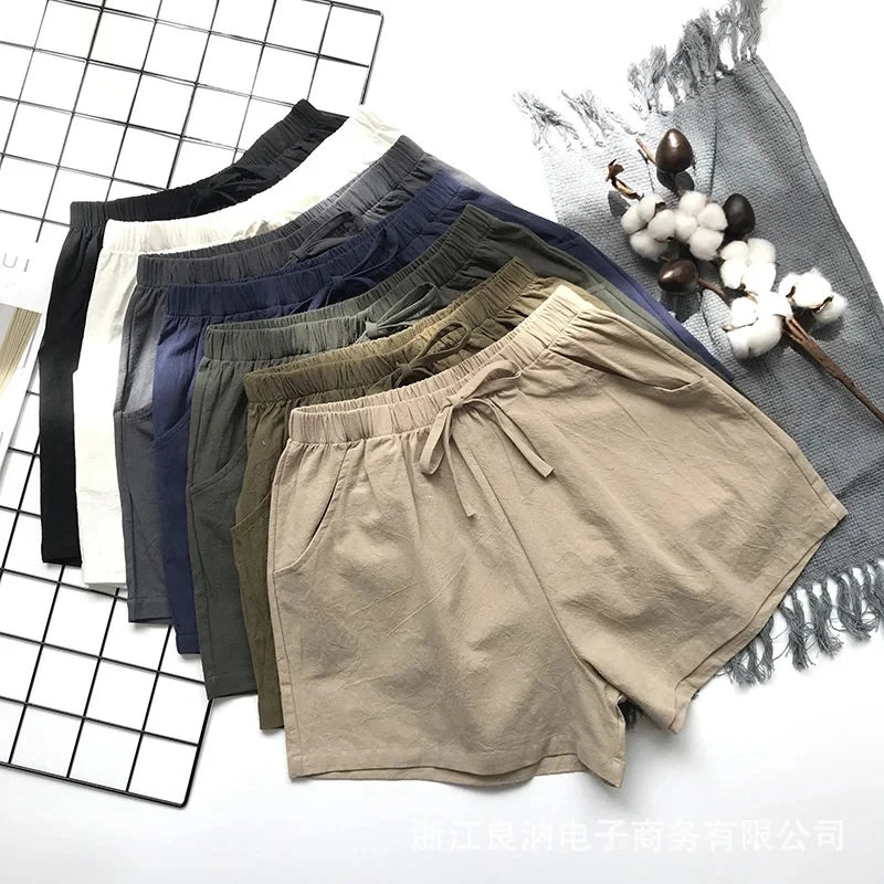 IMIEMIE Summer Linen Pants Loose Women's High Waisted Shorts Sports Fashion Cotton Linen Shorts Solid S-XL Casual Short Pants