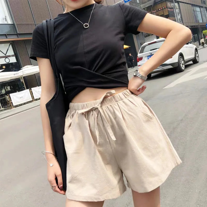 IMIEMIE Summer Linen Pants Loose Women's High Waisted Shorts Sports Fashion Cotton Linen Shorts Solid S-XL Casual Short Pants