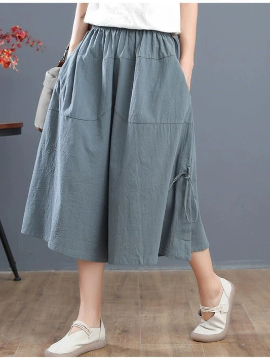 IMIEMIE Summer Loose Bloomers Casual Elastic Waist Wide Leg Pants Large Size Middle Waist Women's Solid Color Culottes Cropped Pants