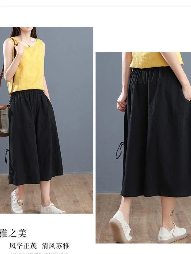 IMIEMIE Summer Loose Bloomers Casual Elastic Waist Wide Leg Pants Large Size Middle Waist Women's Solid Color Culottes Cropped Pants