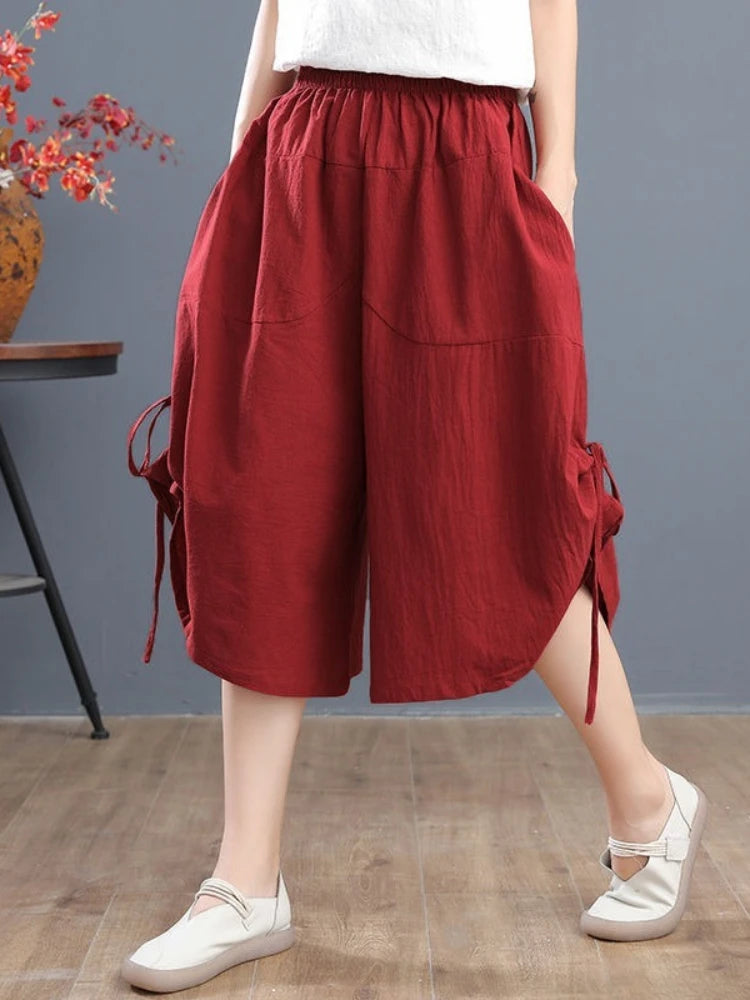 IMIEMIE Summer Loose Bloomers Casual Elastic Waist Wide Leg Pants Large Size Middle Waist Women's Solid Color Culottes Cropped Pants